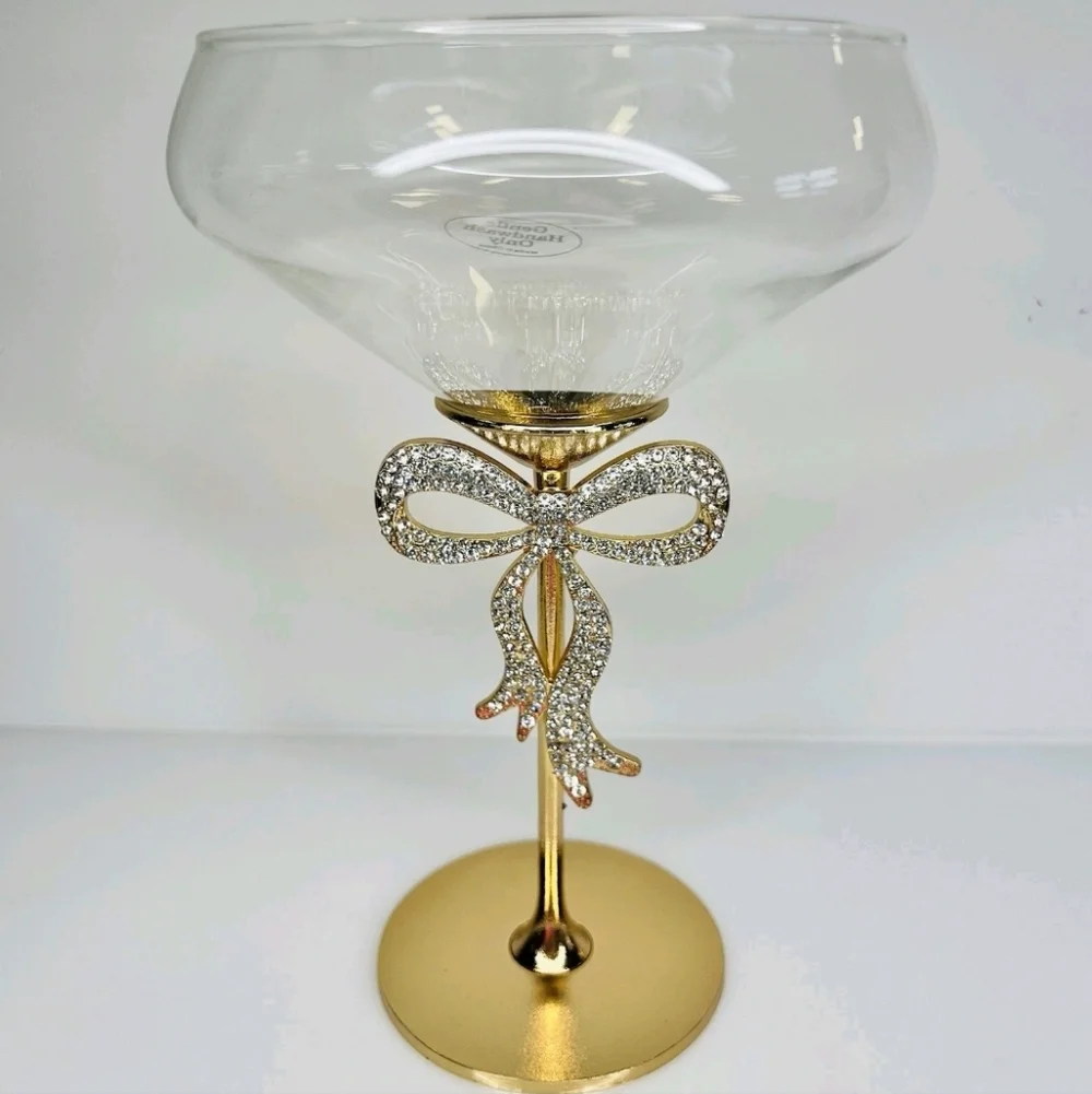 2pc Set Gold Metal Rhinestone Coquette Bow Coupe Cocktail Martini Glasses NEW